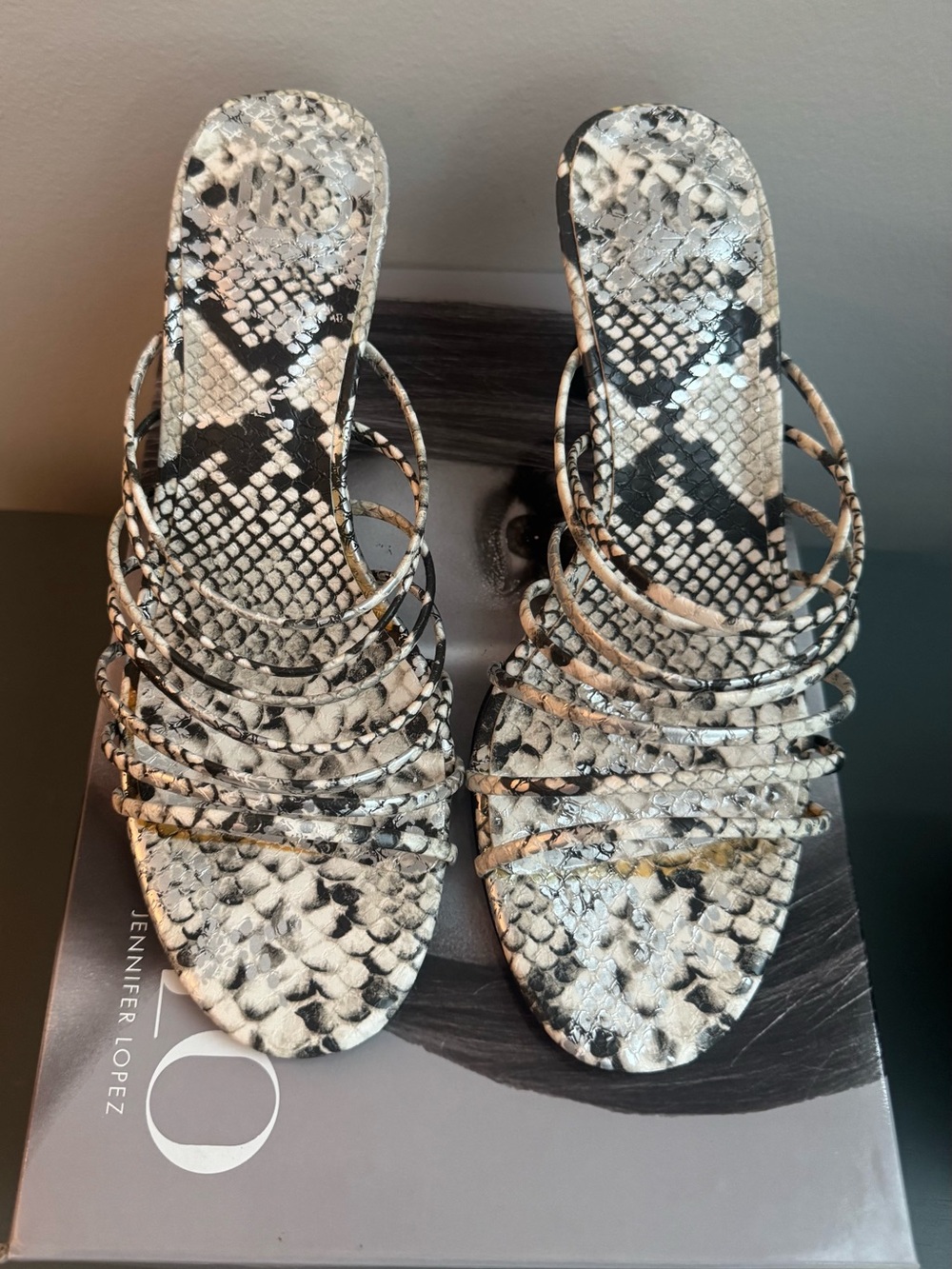 Jennifer Lopez Black & White Snake-Print Multi-Strap Heeled Sandals